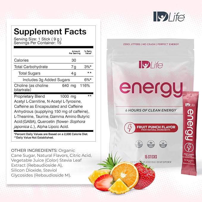 IDLife Energy - Fruit Punch - Sustained Energy Boost with Powder Healthy Drink for Work Gym &amp Daily Use No Jitters or Crash - 15 Sticks per Bag