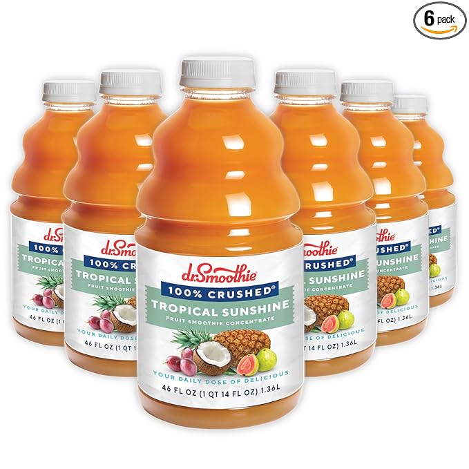 Dr. Smoothie 100% Crushed Tropical Sunshine – No Added Sugar Made with Real Fruits/Fruit Juice – Vegan No Artificial Colors or Flavors – Guava Pineapple Passion Fruit &amp Bananas – Six 46 oz Bot
