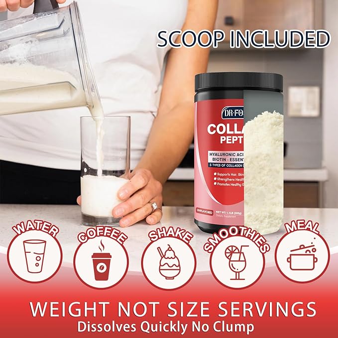 DRFOSTER Multi-Collagen-Peptide-Powder with Probiotics 50 Servings of Hydrolyzed Collagen Peptides with Hyaluronic Acid Biotin &amp Multivitamins - Supports Skin Hair Nails Health