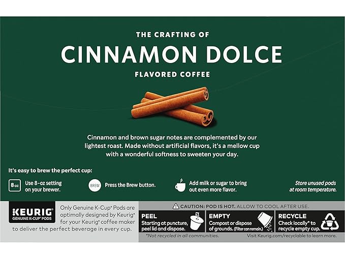 Starbucks Flavored Coffee Genuine K-Cup Pods Cinnamon Dolce Flavored with Sweet and Mellow Notes Recyclable Pods 10 Count Pods in Each (Pack of 4)