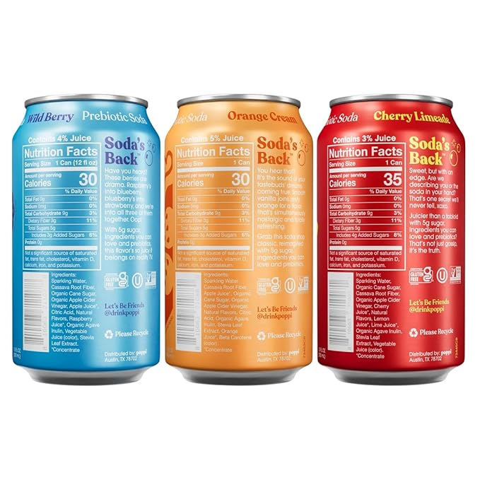 Poppis Prebiotic Soda Variety Pack - 18 Count 12 fl oz Cans - Wild Berry Orange Cream &amp Cherry Limeade - Gluten free Non GMO Low Sugar Low Calorie