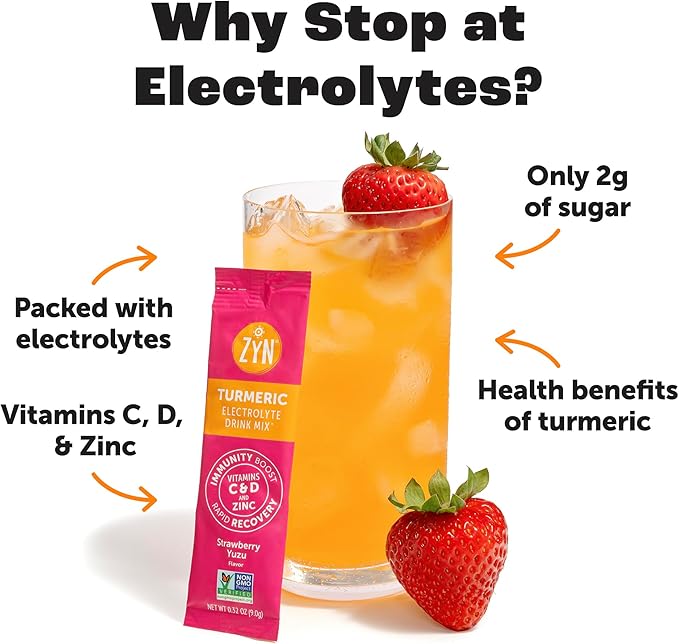 ZYN Electrolyte Drink Mix Hydration Packets Strawberry Yuzu Electrolytes Powder Hydration Packets w/Turmeric Curcumin Vitamin C &amp D Zinc Hydrate &amp Recover Electrolyte Powder Pack of 32