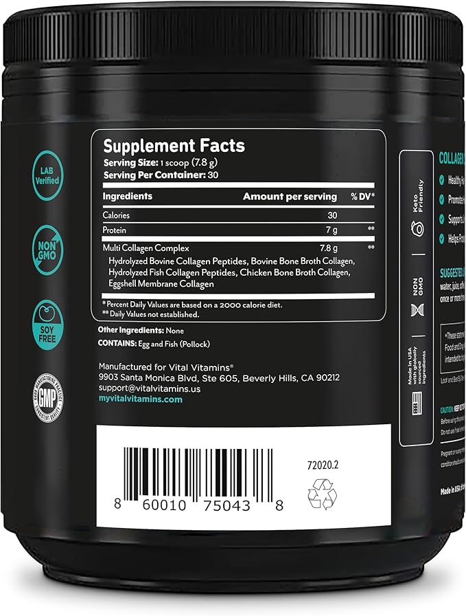 Vital Vitamins Multi Collagen Peptides Powder - Unflavored Easy to Dissolve - Type I II III V X - for Women &amp Men - Promotes Hair Skin Nails &amp Joint Health - 30 Servings