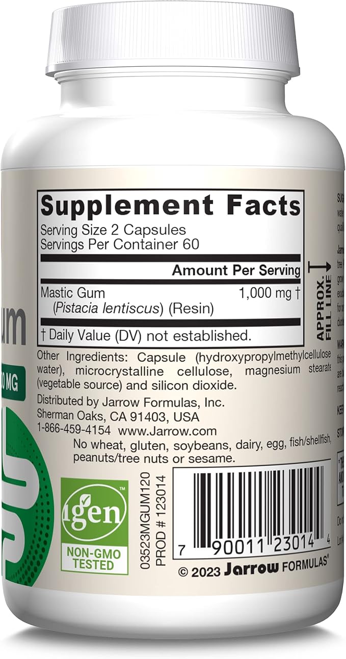 Jarrow Formulas Mastic Gum 1000 mg - 120 Veggie Caps - Mastic Gum Capsules Supporting Stomach and Duodenal Health - 60 Servings