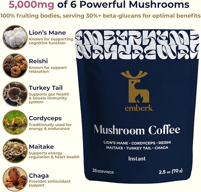 Emberk Organic Mushroom Coffee with Lions Mane - Instant Coffee with 6 Adaptogenic Mushrooms 5000mg per Cup for Focus Energy and Immune Support - Low Caffeine Vegan 35 Servings
