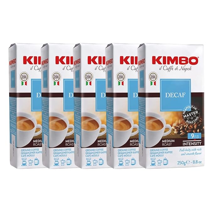Kimbo Coffee Decaf Multipack Decaffeinated Ground Coffee Authentic Italian Roast Intenso Aroma Taste (5 x 250g Vacuum Sealed Bags)