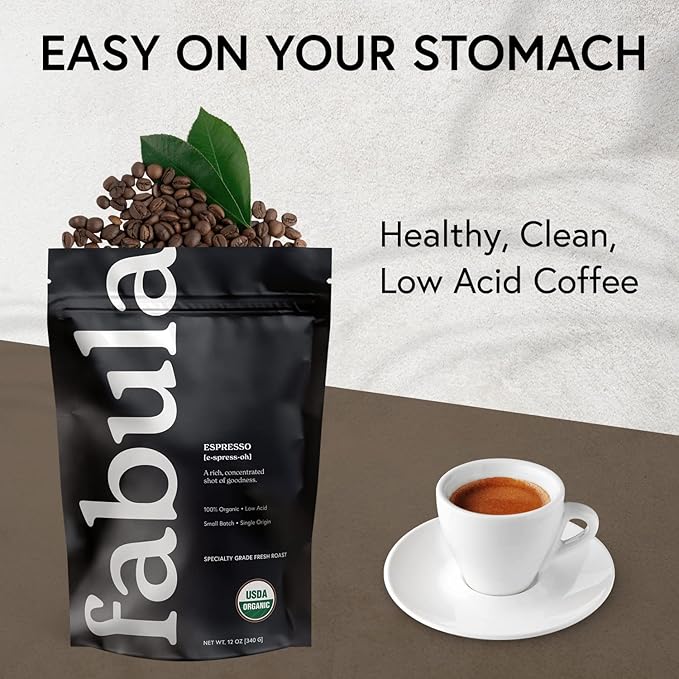 Fabula Low Acid Coffee Beans Whole Organic Espresso Coffee - Non-GMO - No Molds - Mycotoxins Pesticides Free - Single Origin Coffee - 12 Oz