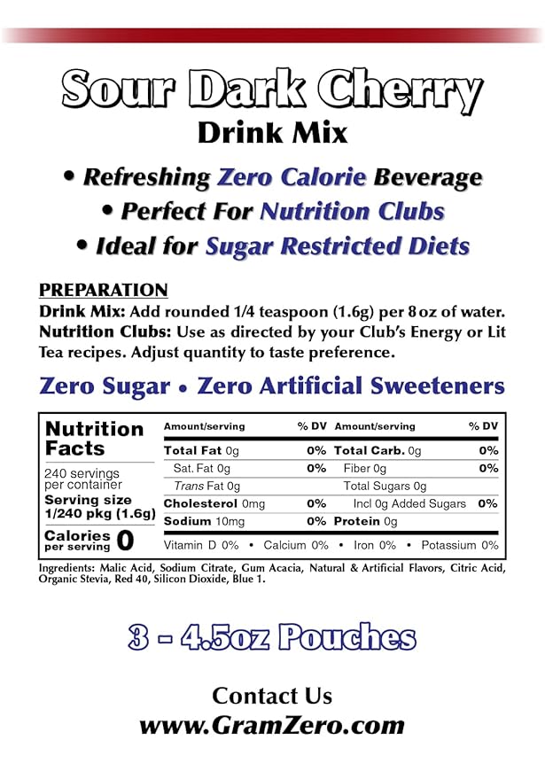 GramZero Sour Dark Cherry Zero Calorie Sugar Free Drink Mix Great For Nutrition Club Loaded Tea Stevia Sweetened