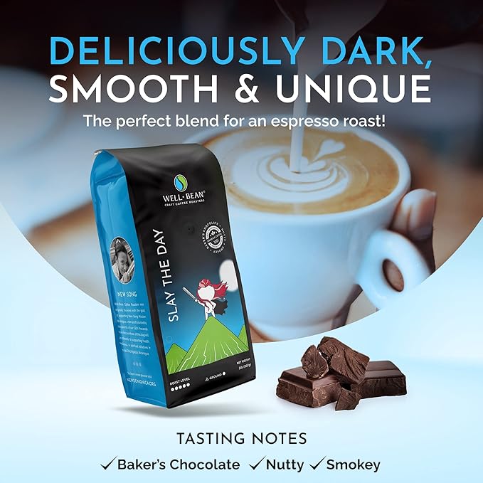 Well-Bean Coffee - Slay the Day Ground Coffee Dark Brazilian Coffee Vegan Coffee Grounds Gluten-Free and Keto Friendly Dark Roasted Coffee 2 lb Coffee
