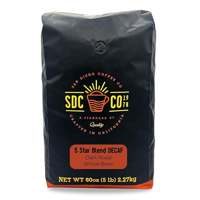 San Diego Coffee 5 Star Blend DECAF Dark Roast Whole Bean Coffee 5-Pound Bag Café en grano tostado descafeinado