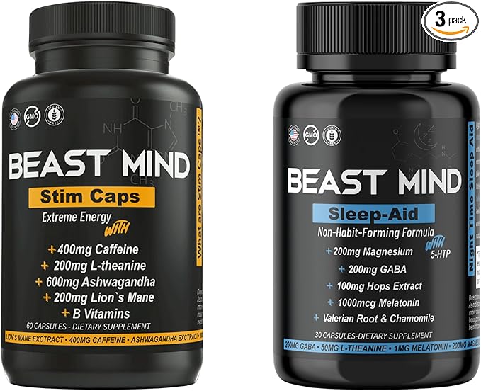 Day &amp Night Energy With Sleep Aid Bundle | 400mg Caffeine | 600mg Ashwagandha | 200mg Lions Mane | Increased Energy &amp Focus &amp Mood Sleep Aid with GABA Valerian Root Chamomile Melatonin