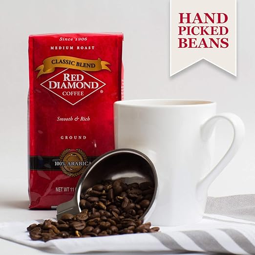 Red Diamond Ground Coffee | Classic Blend | Medium Roast | Arabica Beans | Smooth &amp Rich Flavor | 11 Ounce Resealable Bags (4 Pack)