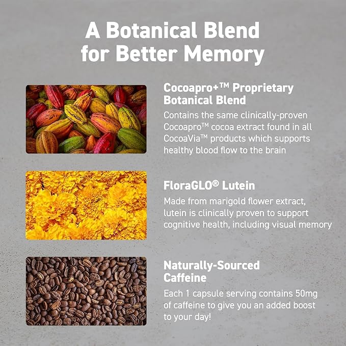 CocoaVia Memory &amp Focus Brain Supplement 30 Day Cocoa Flavanol Blend Lutein Added Caffeine for Boost. Improve Cognitive Function Attention Vegan &amp Plant Based 30 Capsules
