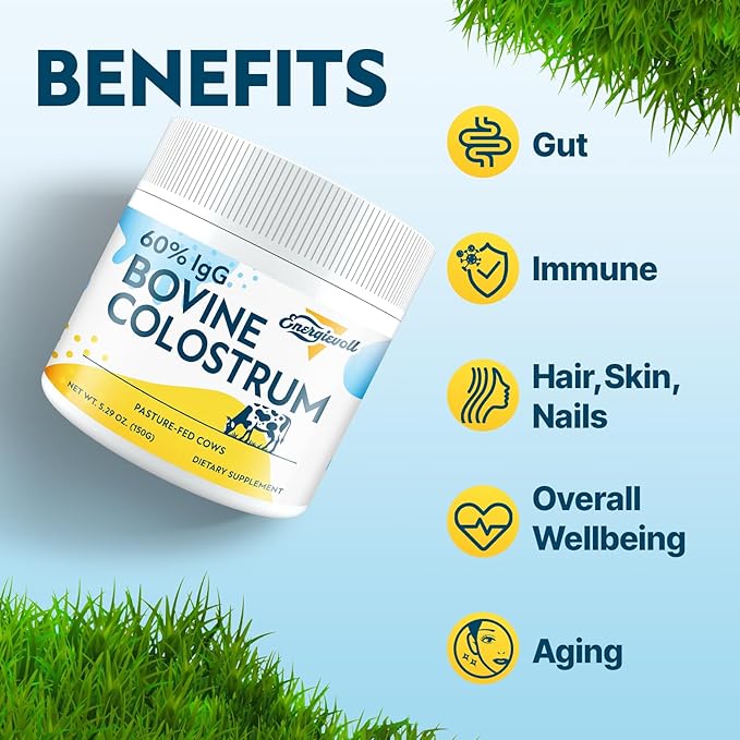 Bovine Colostrum Supplement Powder - 60% IgG 3000 mg for Gut Hair Growth Beauty and Immune Easy to Mix Unflavored (50 Servings)