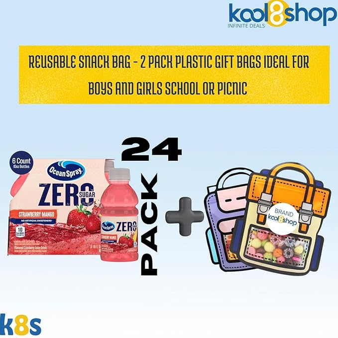 Ocean Spray Zero Strawberry Mango Sugar Fruit Juice 10 fl oz 24 Pack + 2 Reusable Snack Bags by KOOL8SHOP Infinite Deals