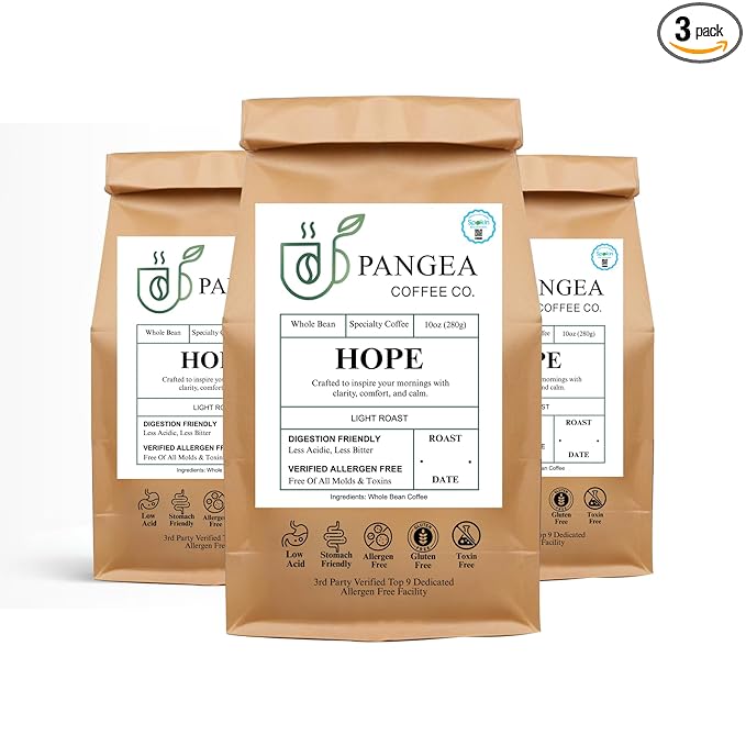 Pangea Coffee Hope Light Roast 3-Pack – Bright Smooth Low Acid Coffees – Organic Allergen-Free Specialty Grade Arabica Fresh Roasted Whole Bean 3 x 10oz Bags