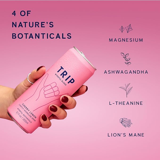 TRIP Lightly Sparkling Adaptogen Seltzer Non-Alcoholic Mocktail with Magnesium Ashwagandha Lions Mane &amp L Theanine No Added Sugar Vegan Citrus Berry Variety Pack 12 Oz 12Pk