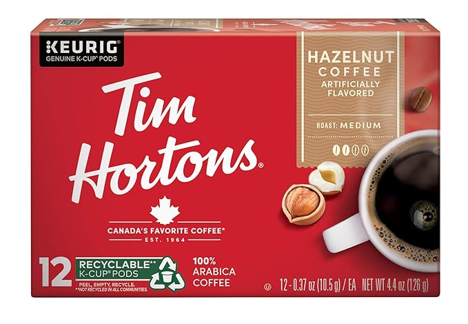Tim Hortons Hazelnut Flavored Medium Roast Coffee Single-Serve K-Cup Pods Compatible with Keurig Brewers 72ct K-Cups 6x12ct Boxes Red