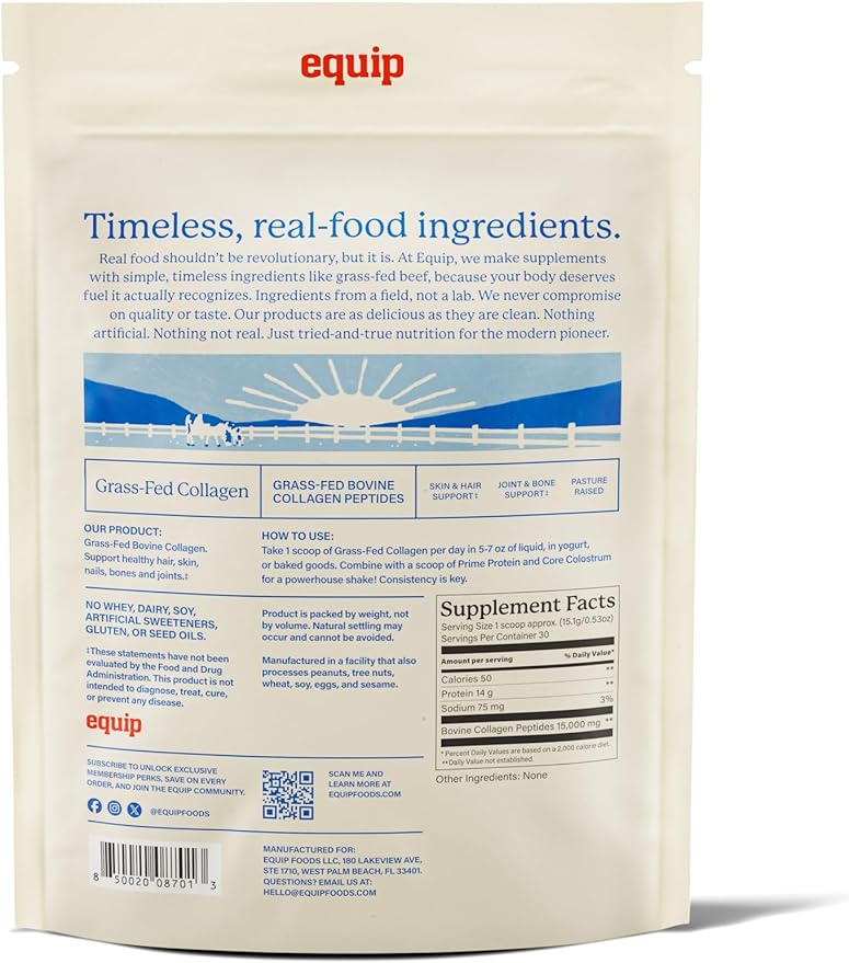 Equip Foods Grass Fed Collagen Powder | Hydrolyzed Bovine Collagen Peptides with Amino Acids | Prime Beef Collagen for Healthy Joints Skin &amp Nails | Non-GMO Paleo Friendly | 30 Servings Unflavo