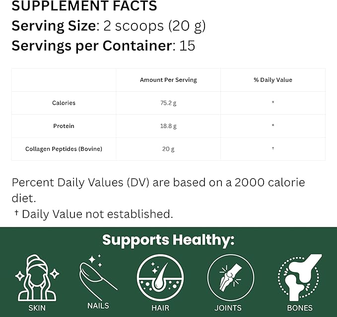 Hydrolyzed Bovine Collagen Peptides Powder – Easy-to-Mix Formula for Skin Hair Nails &amp Joint Health – 20 g per Serving 2 Scoops Non-GMO Supplement – Third-Party Lab Tested