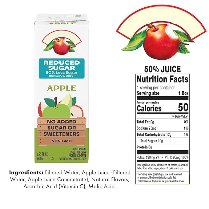 Reduced Sugar 100% Juice Variety Pack – 6.75 fl oz 40 Count – Apple White Grape Raspberry and Fruit Punch Flavors - 100% Daily Value Vitamin C
