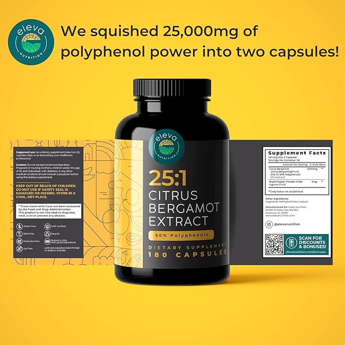 Citrus Bergamot Extract 1000mg Capsules — Natural 25:1 Citrus Bergamot Supplement with 50% Polyphenols Extract and Black Pepper — Natural Formula Vegan and Non-GMO — 180 Capsules