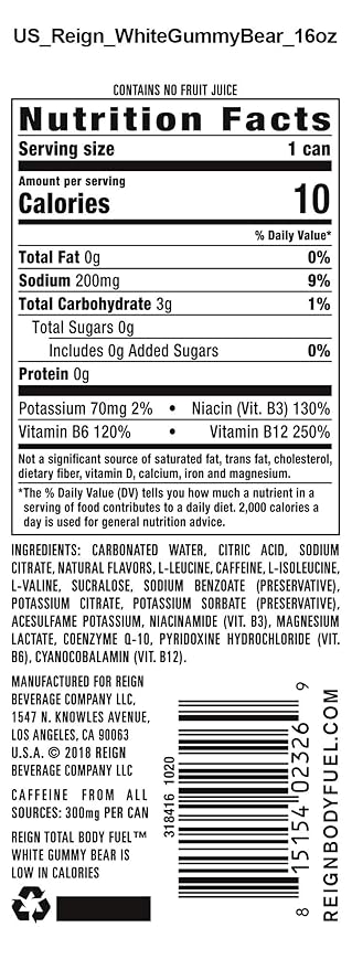 Reign Total Body Fuel White Gummy Bear Fitness &amp Performance Drink 16 Fl Oz (Pack of 12)