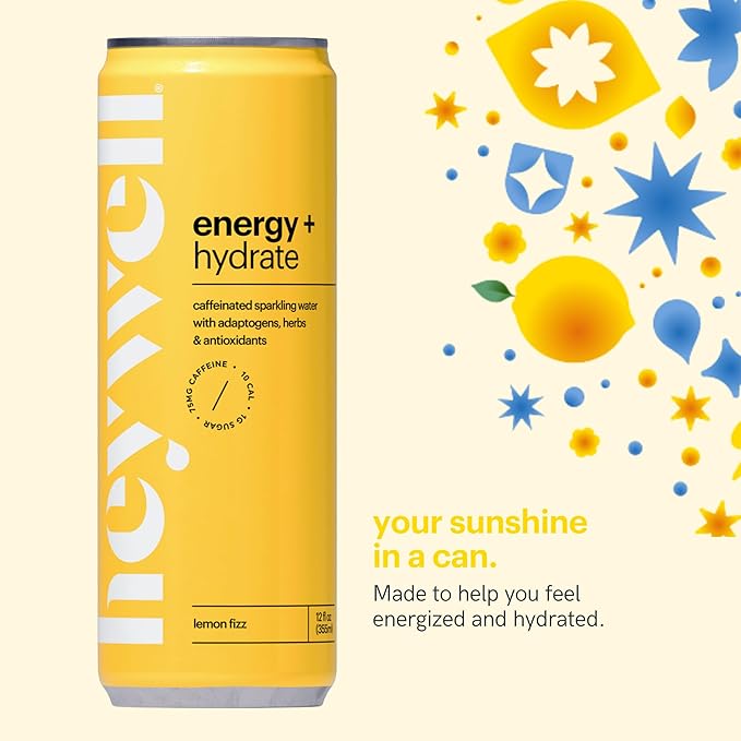 Heywell Sparkling Adaptogenic Water Energy and Focus Lemon Fizz Flavor 12 Fluid Ounce (Pack of 12) - Caffeinated Organic Non GMO Vegan Gluten Free Dairy Free