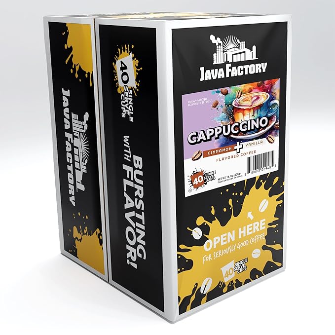 Java Factory Coffee Pods Vanilla Cream and Cinnamon Flavored Coffee for Keurig K Cup Brewers Cappuccino 40 Count