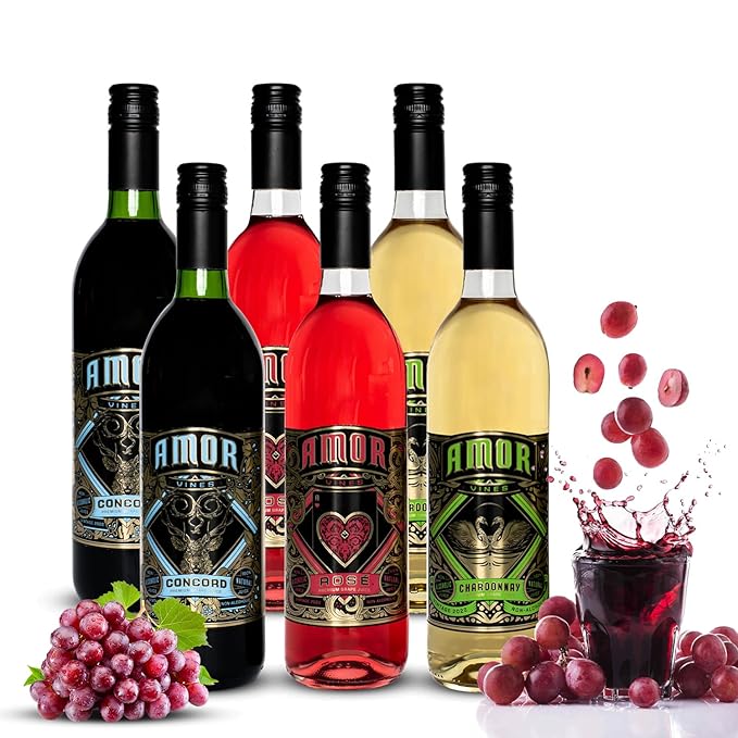 Amor Vines: Rosé Chardonnay &amp Unfiltered Concord Grape Juices - 100% Pure Non-Alcoholic No Water Added Preservative-Free – 750ml Glass Bottles (Pack of 6)