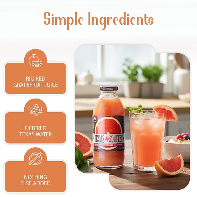 Texas Squeeze Grapefruit Juice NON GMO Verified Texas Grown and Bottled Grapefruit Juice from Concentrate No Sugar Added No Preservatives 16 fl oz Pack of 12