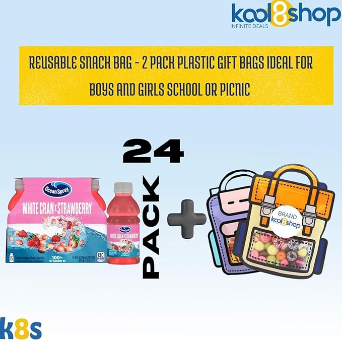 Ocean Spray White Cran Strawberry Fruit Juice Drink 10 fl oz Plastic Bottles 24 Pack + 2 Reusable Snack Bags by KOOL8SHOP Infinite Deals