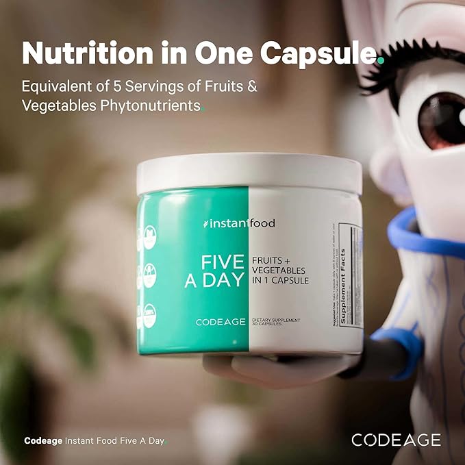 Codeage Instantfood Five A Day – Fruits &amp Vegetables Capsule Supplement – Whole Food Phytonutrients – 15 Fruits and Veggies Blend - Vegan Non-GMO – 30 Capsules