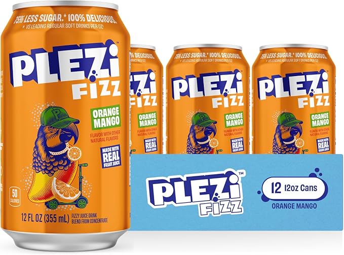 PLEZi FiZZ Sparkling Juice Drink Variety Pack – Orange Mango Cherry Limeade &amp Strawberry Lemonade – No Added Sugar Low Sugar Soda Alternative with Real Fruit Juice &amp Fiber – 12 Fl Oz (36 Pac