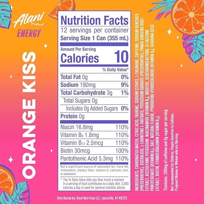 New Alani Energy Drinks Lime Slush Orange Kiss Watermelon Wave Variety Pack 0 Suger Low-Calorie Energy Boost Drinks 12 fl oz (Pack Of 6)