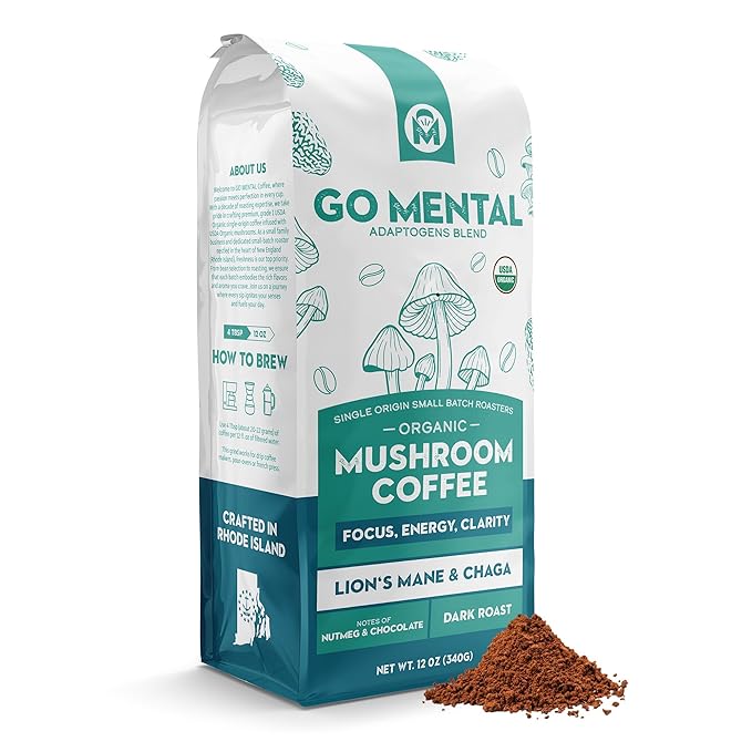 Organic Lion's Mane &amp Chaga Mushroom Coffee Ground Dark Roast Full Fruiting Bodies For Enhanced Brain Function Immune Support Wellbeing Grade 1 Single Origin 12oz - Ground