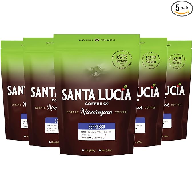 Santa Lucia Coffee Café Crema Espresso Roast Coffee - Specialty Volcanic Nicaraguan Espresso Roast - Farm-Direct Low-Acid - Dense Golden Crema - 91-Point Small-Batch - Ground - 16oz (Pack of 5)
