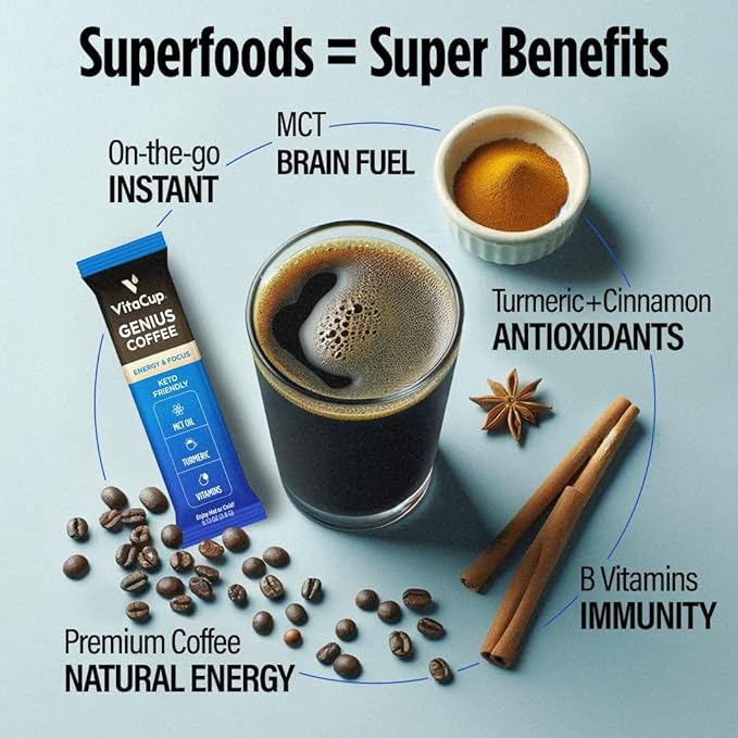 VitaCup Genius Instant Coffee Packets Increase Energy &amp Focus Keto Coffee Serve Hot or Cold Brew MCT Oil Turmeric B Vitamins D3 Bold &amp Smooth100% Arabica Coffee in Single Serve Sticks