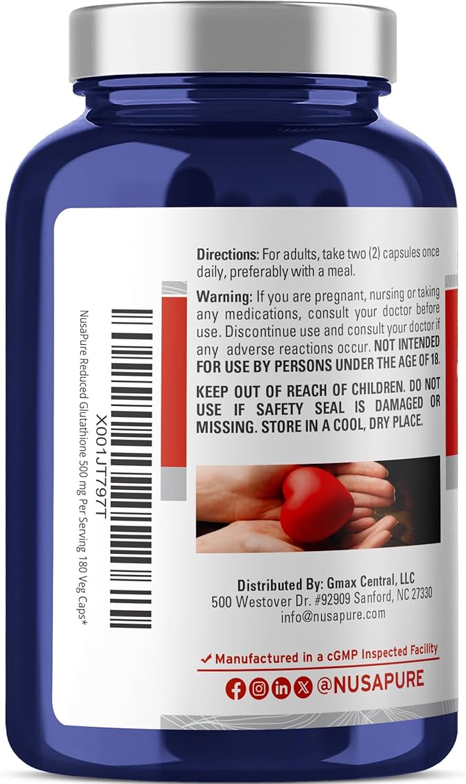 NusaPure Reduced Glutathione 500mg 180 Veggie Capsules (VeganNon-GMO) L-Glutathione