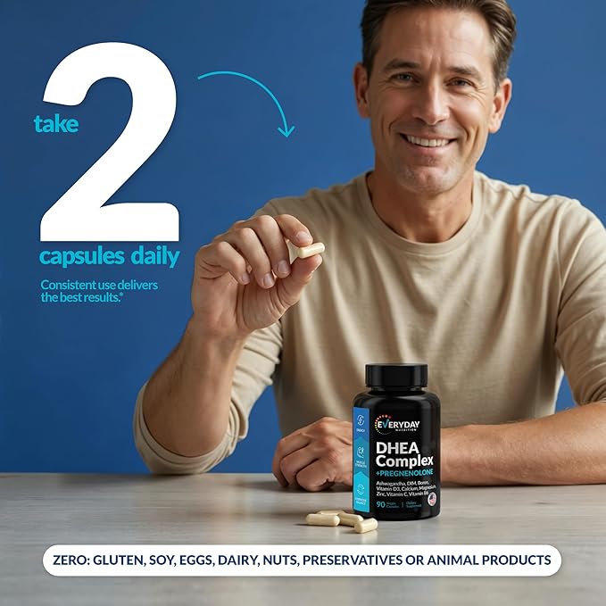 DHEA Micronized 200mg Complex with Pregnenolone 100mg Supplement for Men &amp Women with Ashwagandha DIM Magnesium Boron Calcium  Zinc Vitamin D3 C and B6 Hormone Support - Made in USA 90 Caps