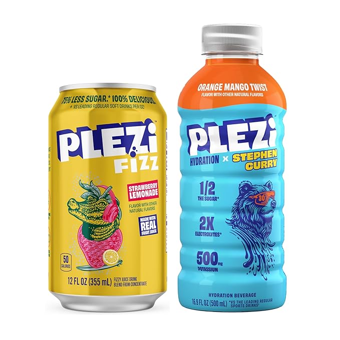 PLEZi FiZZ Strawberry Lemonade &amp Orange Mango Hydration Drink Bundle – Sparkling Juice &amp Electrolyte Beverage with Real Fruit Juice No Added Sugar Low Sugar – 12 Fl Oz + 16.9 Fl Oz (24 Pack