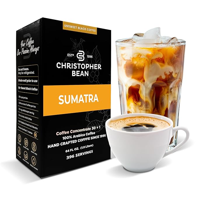 Christopher Bean Coffee - 396 servings 30 to 1 Blend Bag in Box Liquid Instant Coffee or Cold Brew Coffee Concentrate - Hot or Iced Coffee - Sumatra Brew