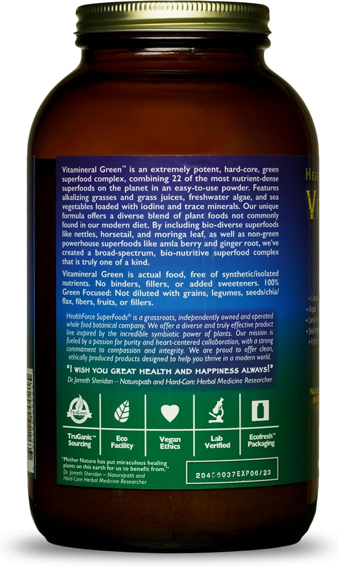 HEALTHFORCE SUPERFOODS Vitamineral Green - Mineral Supplement for Immune &amp Thyroid Support - Green Powder Supplement with Ingredients from The Land - Gluten-Free &amp Vegan - 500 Grams