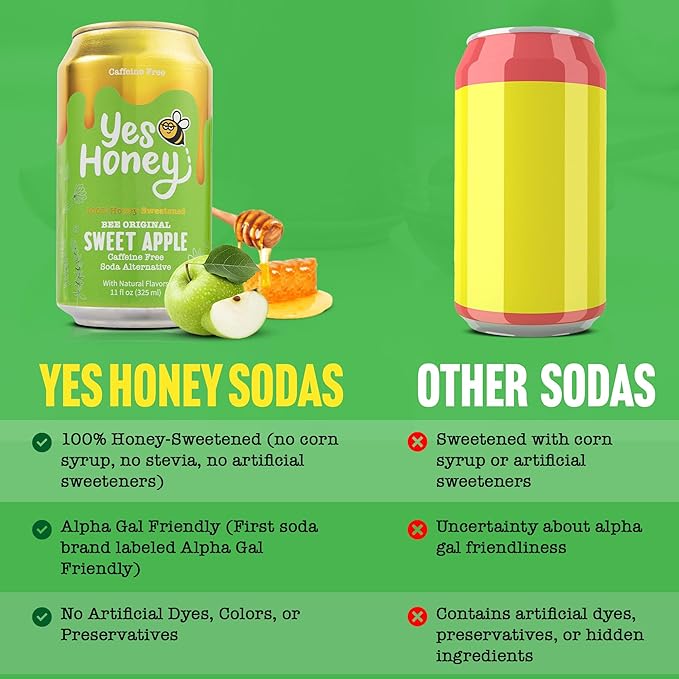 Yes Honey Soda Sweet Apple 11oz (12-Cans) Alpha Gal Friendly 100% Honey-Sweetened Healthy Soda Gluten Free Caffeine Free No Added Sugar