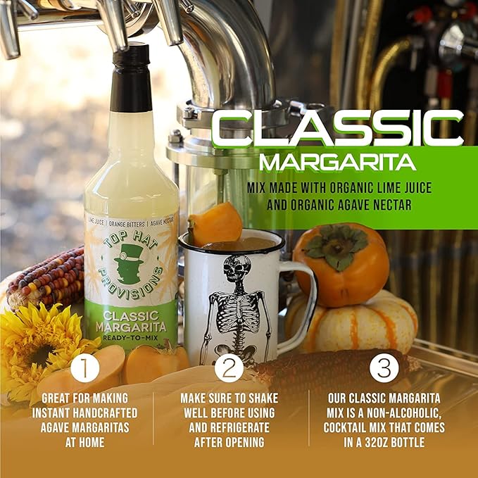 Top Hat Classic Agave Lime Margarita Mix - Handcrafted with Organic Agave Nectar &amp Organic Lime Juice - Lower in Sugar and Carbs - Cocktail Mix - Margarita Mixer - 2 Pack of 32oz Bottles
