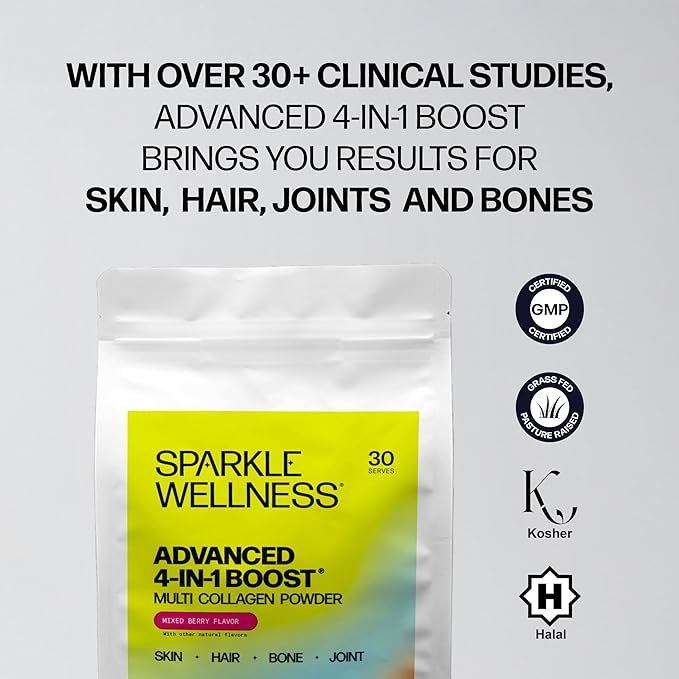 Sparkle Wellness Advanced 4 in 1 Boost | Clinically Tested Multi Collagen Powder with VERISOL FORTIBONE FORTIGEL TENDORFORTE | Skin Bone Joint Health | Mixed Berry