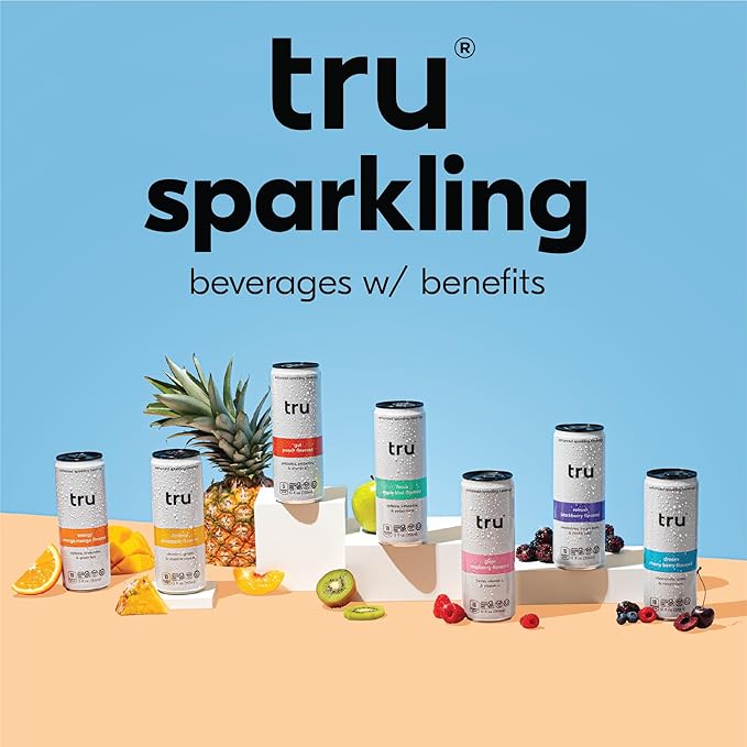 Tru Glow Seltzer Sparkling Water with Biotin Vitamin C Vitamin A &amp Real Raspberry Juice Sweetened with Monk Fruit &amp Stevia Gluten Free Vegan Caffeine &amp Sugar Free 12 FL OZ Cans 12
