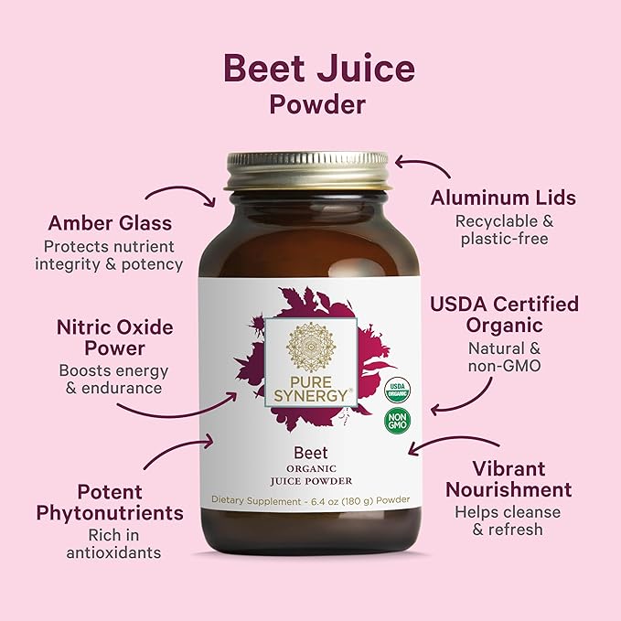 PURE SYNERGY Organic Beet Juice Powder | Pre-Workout Supplement | Organic Beet Root Juice Powder | for Healthy Circulation Exercise and Detoxification (6.4 oz.)
