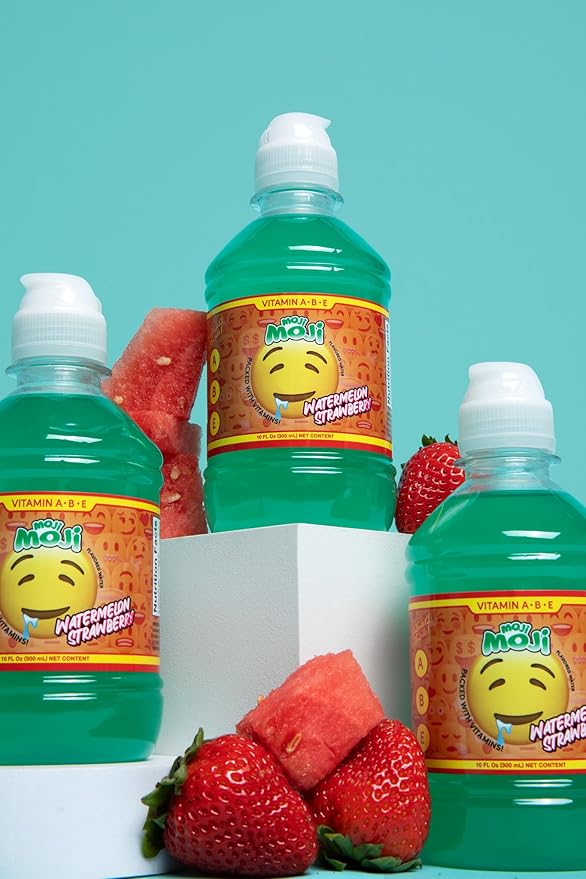 MOJI-MOJI Kids Vitamin Drink – with Vitamins A B &amp E Fun Emoji Bottles 4 Flavors Sports Cap Spill-Resistant 10.1 Fl Oz Pack of 24 (10.1 Fl Oz Blue Raspberry)