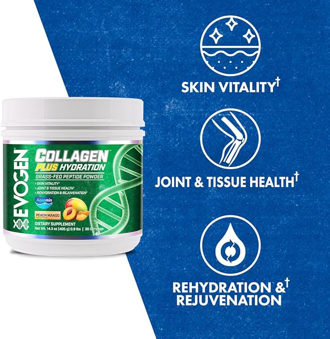 Evogen Collagen Plus Hydration - Grass-Fed Collagen for Women &amp Men | Collagen Peptides Powder | Collagen Powder Supporting Skin Vitality Hydration Joint &amp Tissue Health | Peach Mango | 30 S